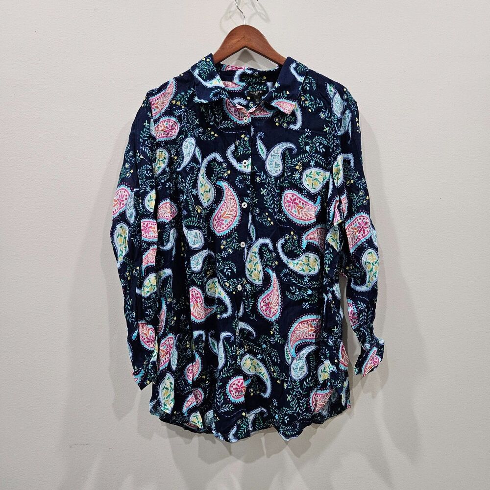 Talbots Womens Paisley Button Up Shirt Plus Size 2X Blue Pink Holidays Vacation